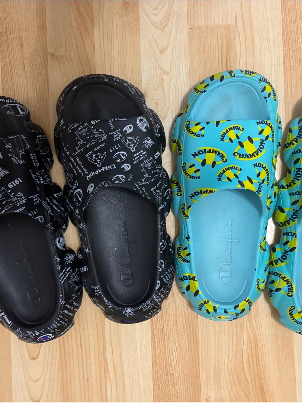 Champion Slide Sandals in Black and Aqua with Yellow Accent